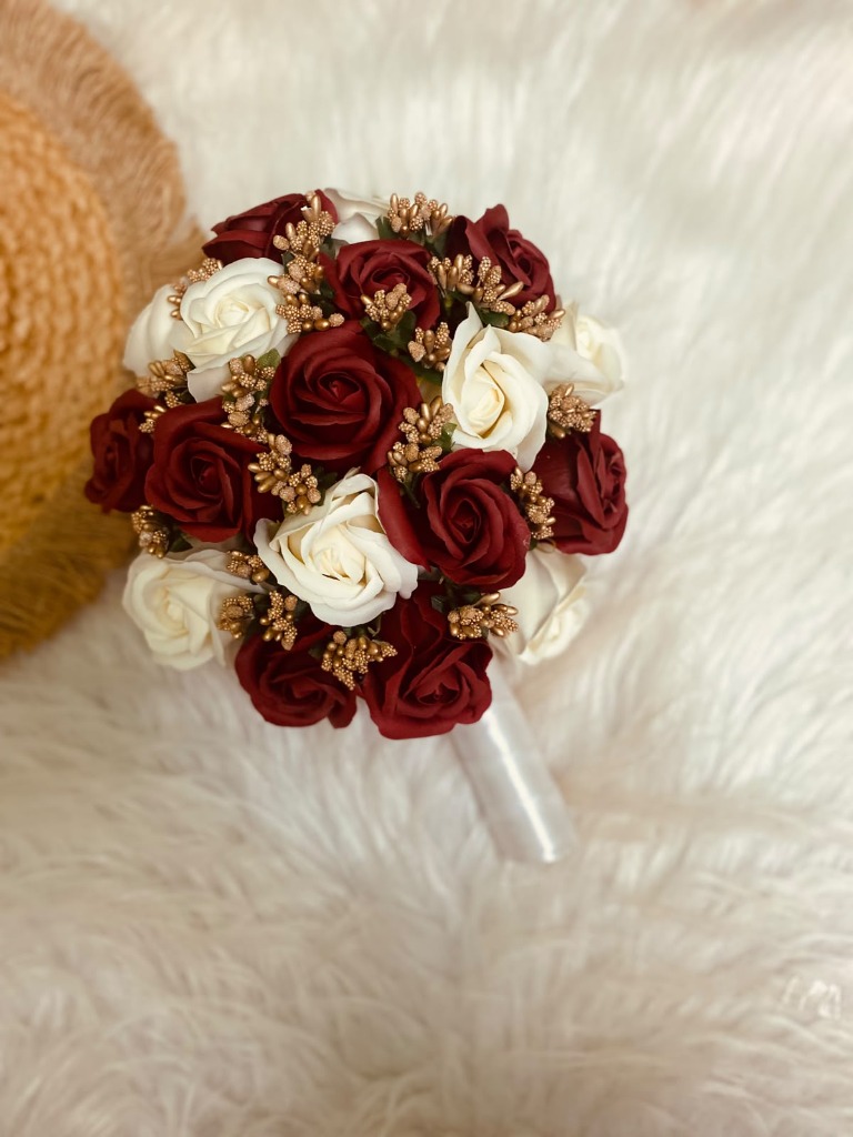 Handcrafted Crimson and Ivory Rose Bridal Bouquet with Gold Accents