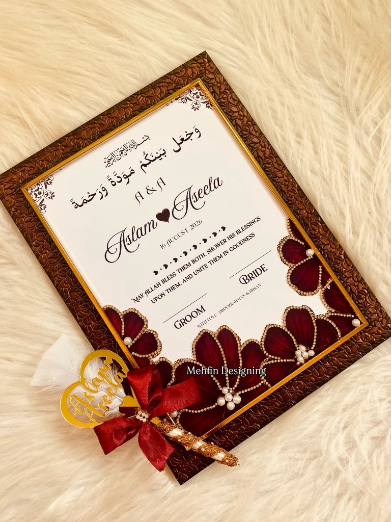 Bespoke Aslam & Aseela 3D Velvet Nikkah Nama Frame with Custom Feather Pen