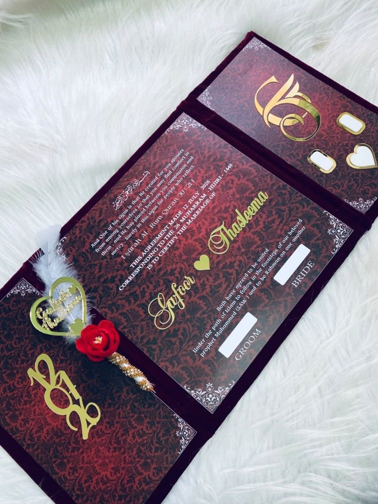 Open Velvet Nikkah Nama Booklet with Quran Surah Ar-Rum Calligraphy